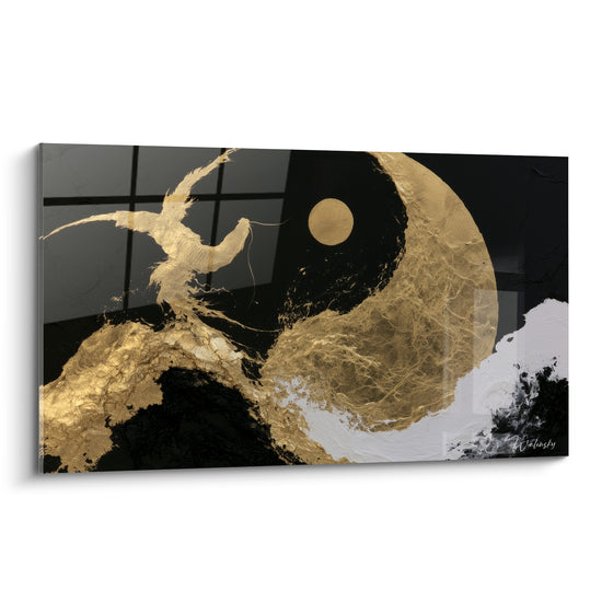 Yin Yang doré et noir en peinture texturée, oiseau stylisé et touche blanche