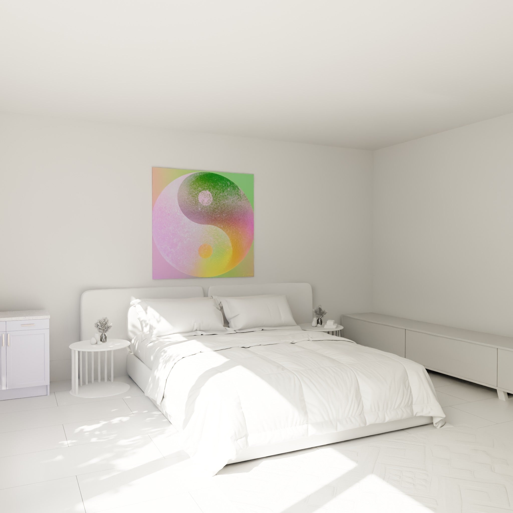 Cercle Yin Yang rose et doré, dégradé texturé, au-dessus d'un lit dans une chambre claire