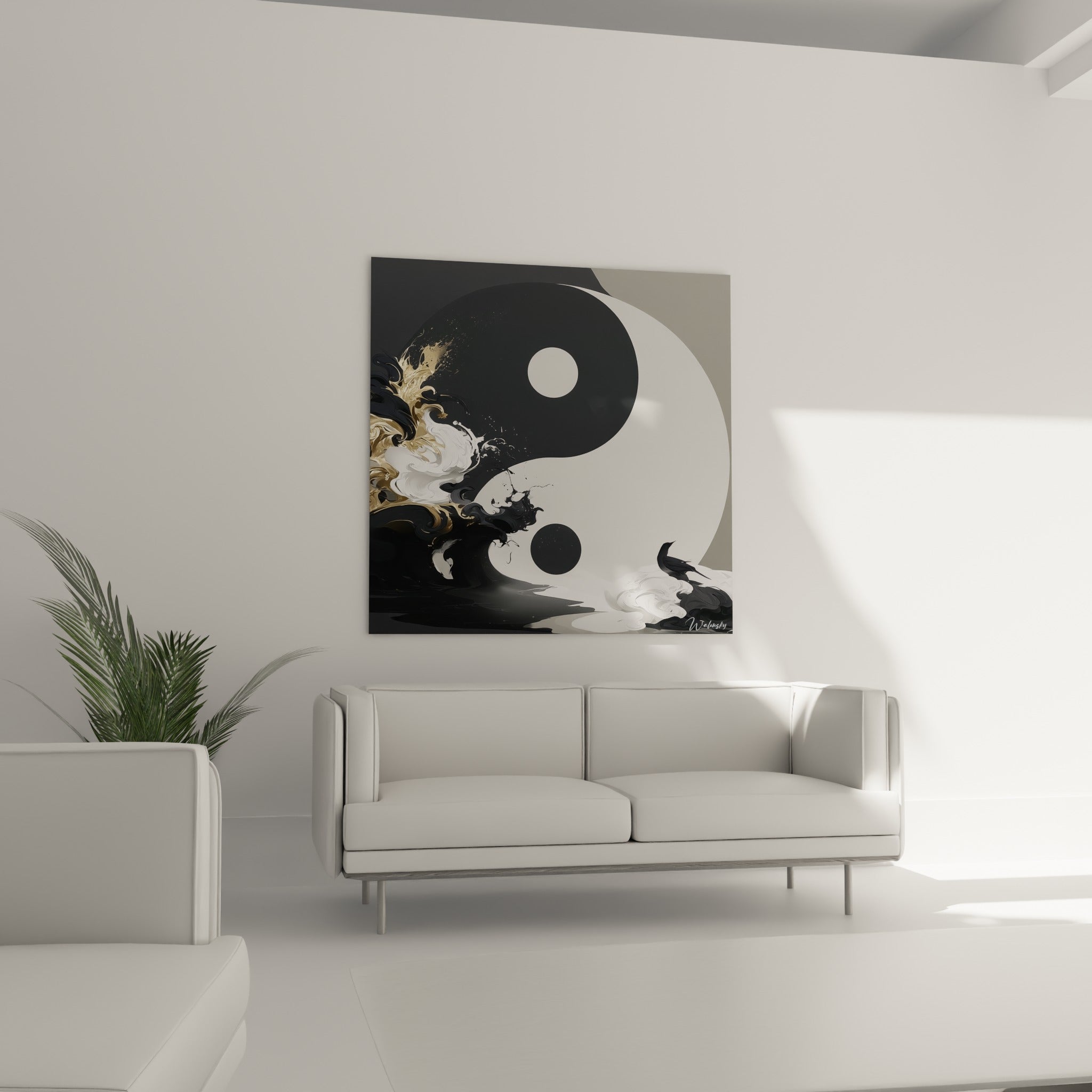 Vague noire et dorée du Yin Yang contrastant avec le blanc pur, au-dessus d'un canapé dans un salon lumineux