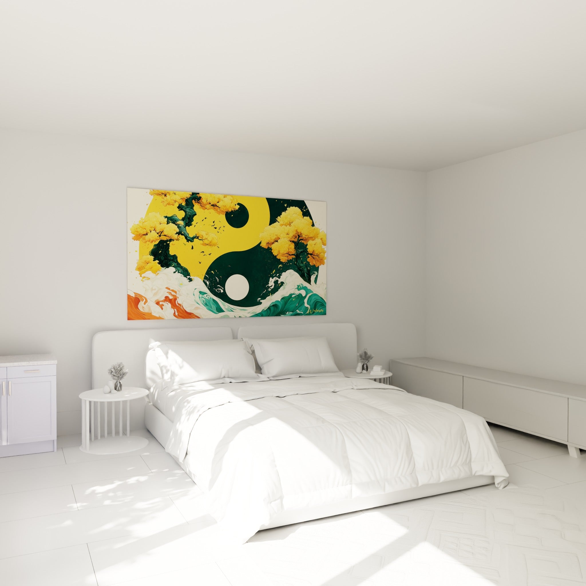 Cercle Yin Yang jaune et vert avec arbres dorés, accroché au-dessus d'un lit dans une chambre claire