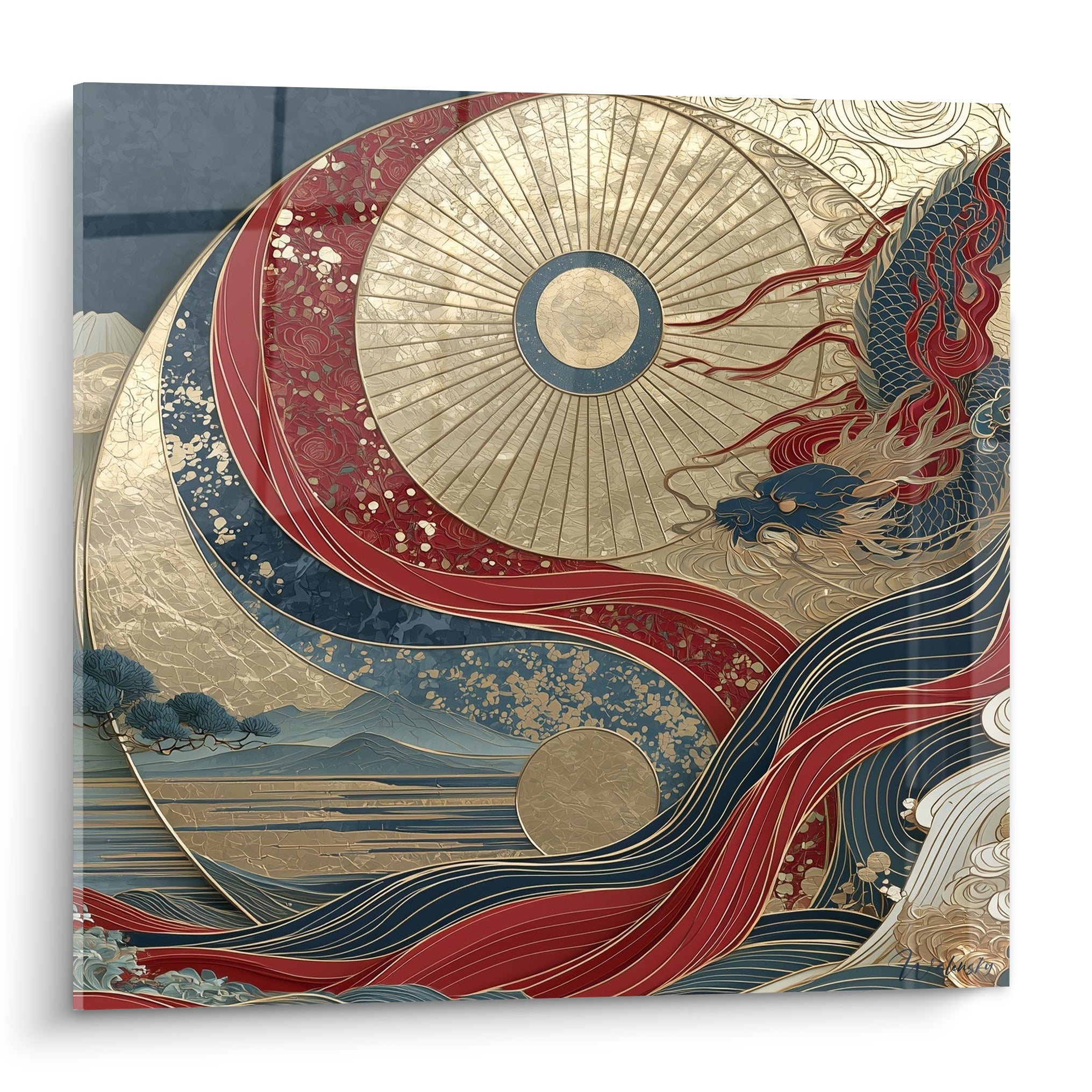 Dragon doré et vagues rouge marine composant un tableau Yin Yang aux motifs graphiques raffinés