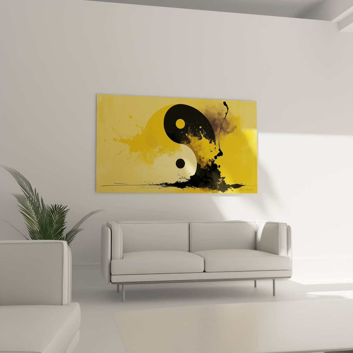 Dualité Yin Yang en noir profond et jaune doré placée au-dessus d'un canapé dans un salon lumineux