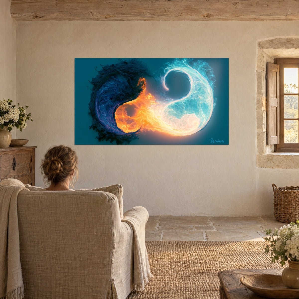 Quadro di opposizione degli elementi, fiamme dorate e schiuma blu pallido a spirale, di fronte a una persona seduta in una poltrona