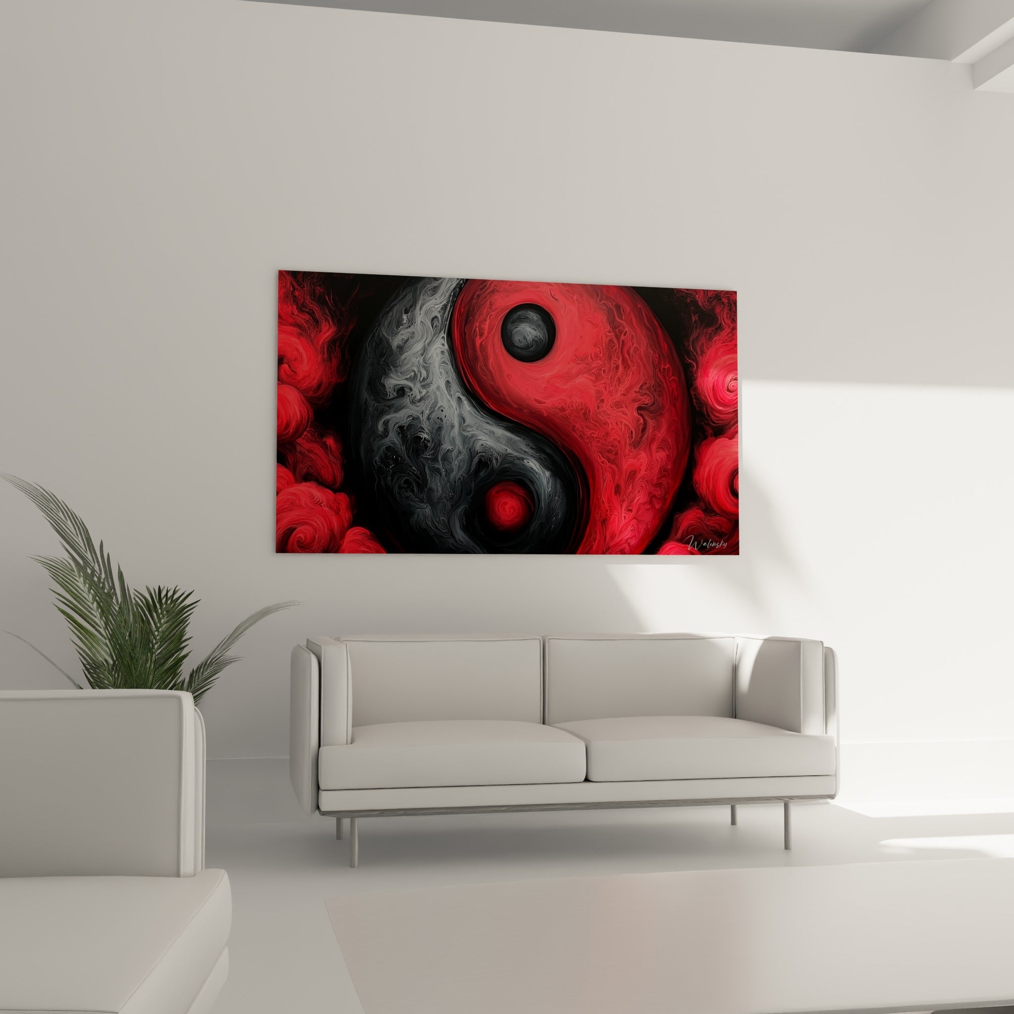 Cercle Yin Yang rouge écarlate et gris fumé aux textures fluides au-dessus d'un canapé dans un salon lumineux