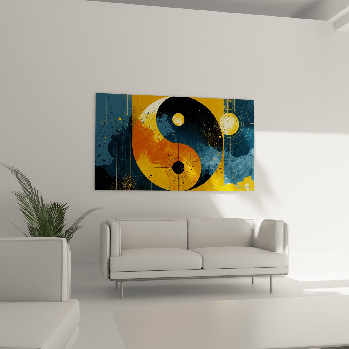 Symbole Yin Yang ocre et anthracite au-dessus d'un canapé dans un salon lumineux