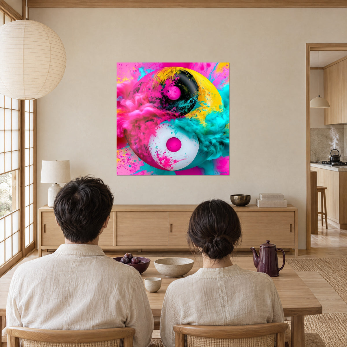 Tableau explosion de pigments autour d'un disque noir et blanc, rose et turquoise éclatants, couple de dos à table dans un séjour japandi
