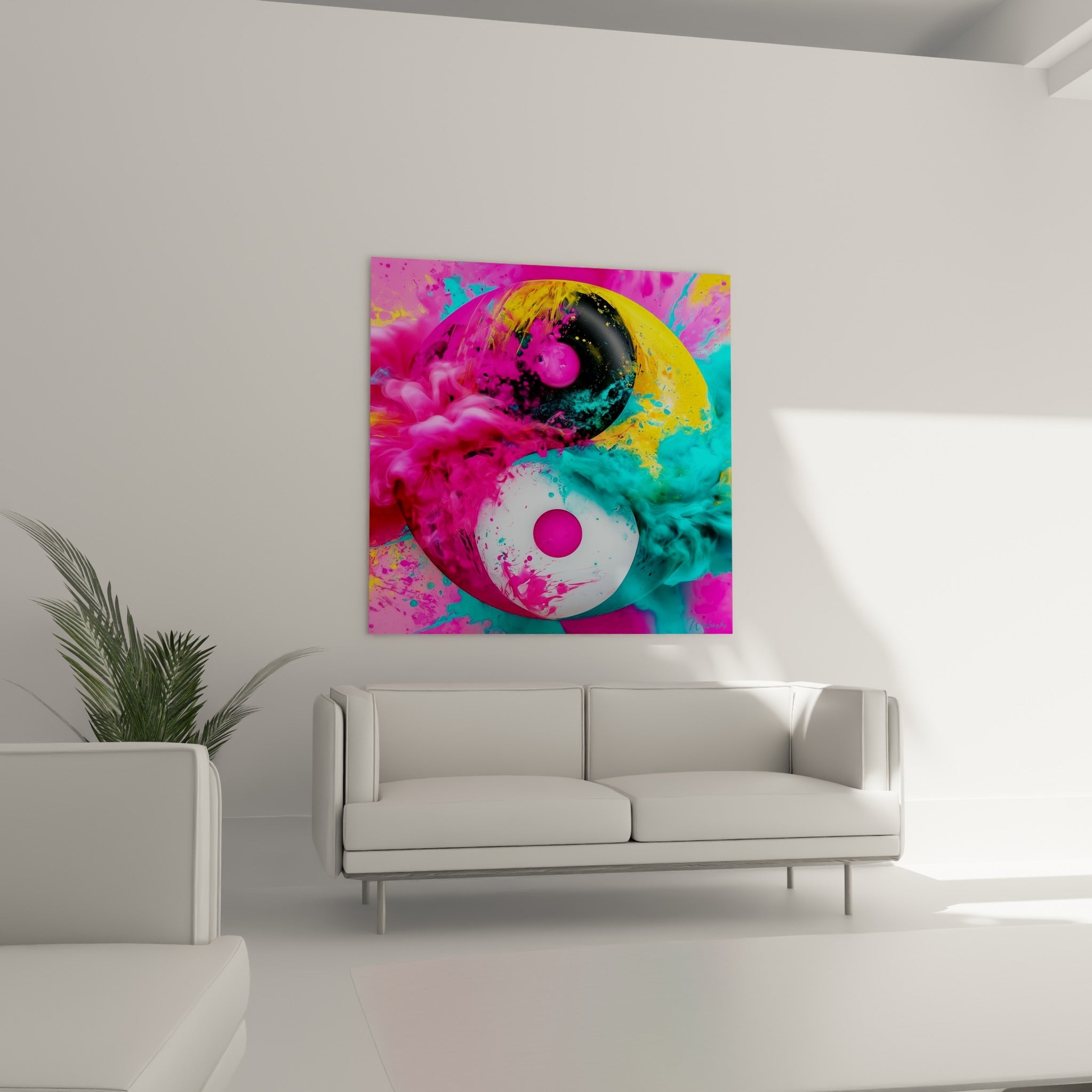 Cercle Yin Yang fuchsia et cyan éclaté en fumée colorée au-dessus d'un canapé dans un salon lumineux