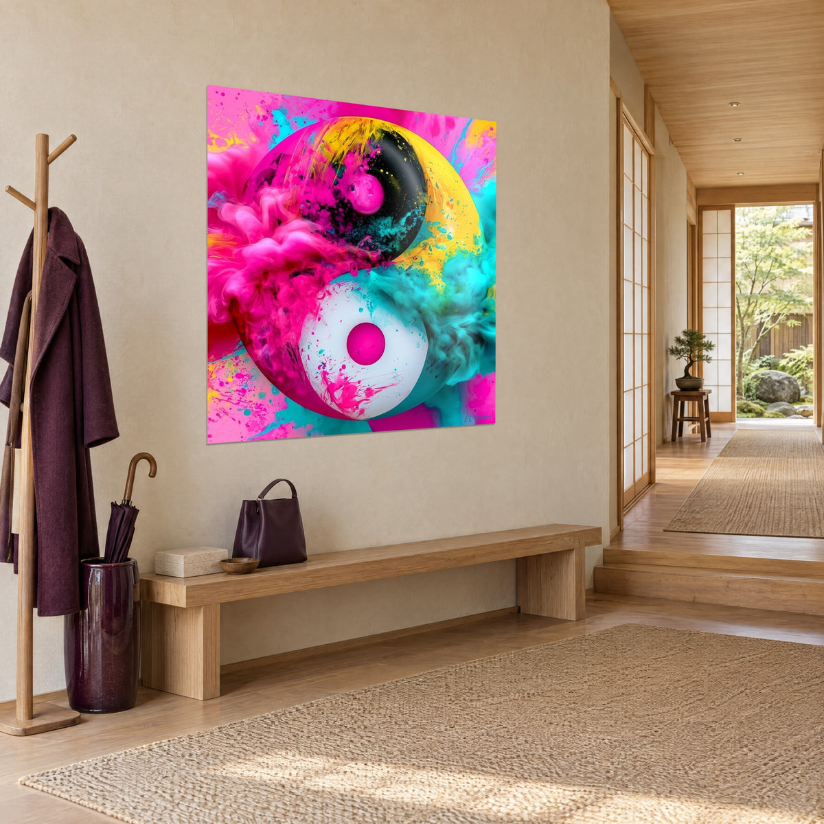 Tableau cercle bicolore noir et blanc noyé de nuages fuchsia et jaune citron, vue de trois-quarts dans un couloir en bois clair