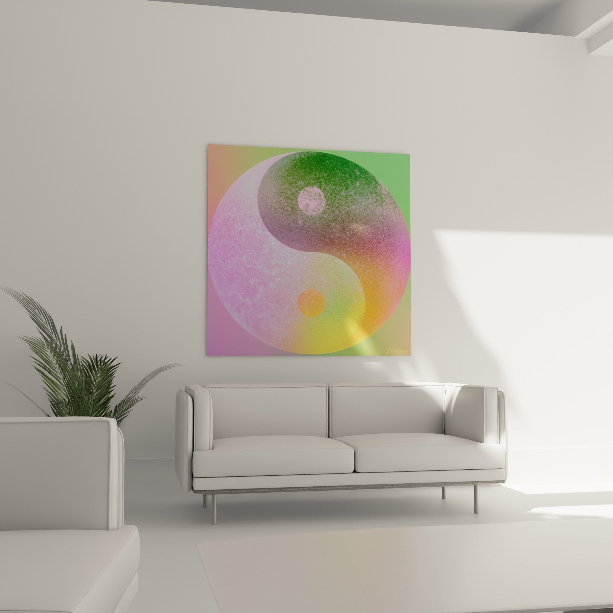 Motif Yin Yang vert sauge et rose poudré, grain sablonneux, au-dessus d'un canapé dans un salon lumineux