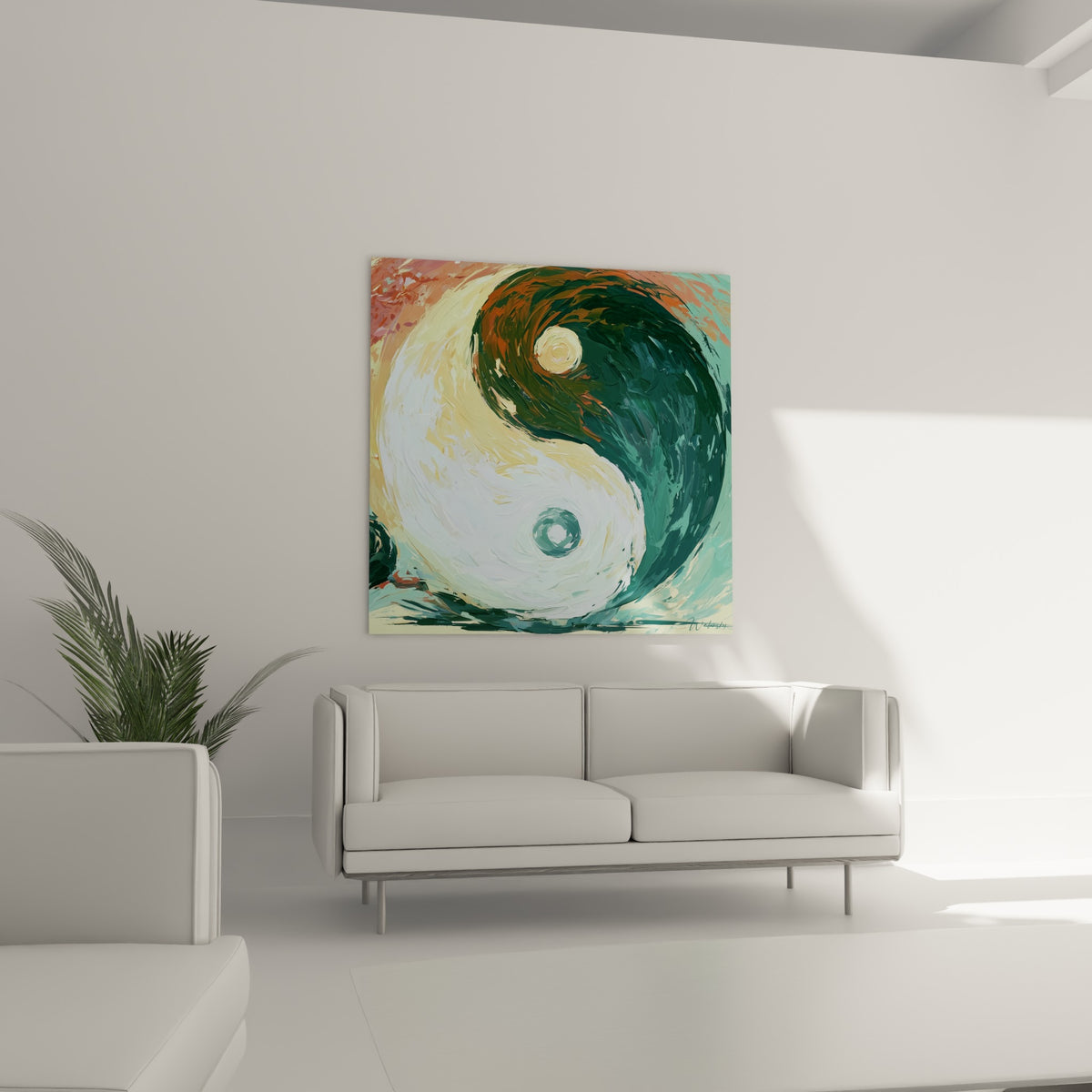 Dualité Yin Yang en vert émeraude et blanc ivoire, suspendue au-dessus d'un canapé dans un salon lumineux