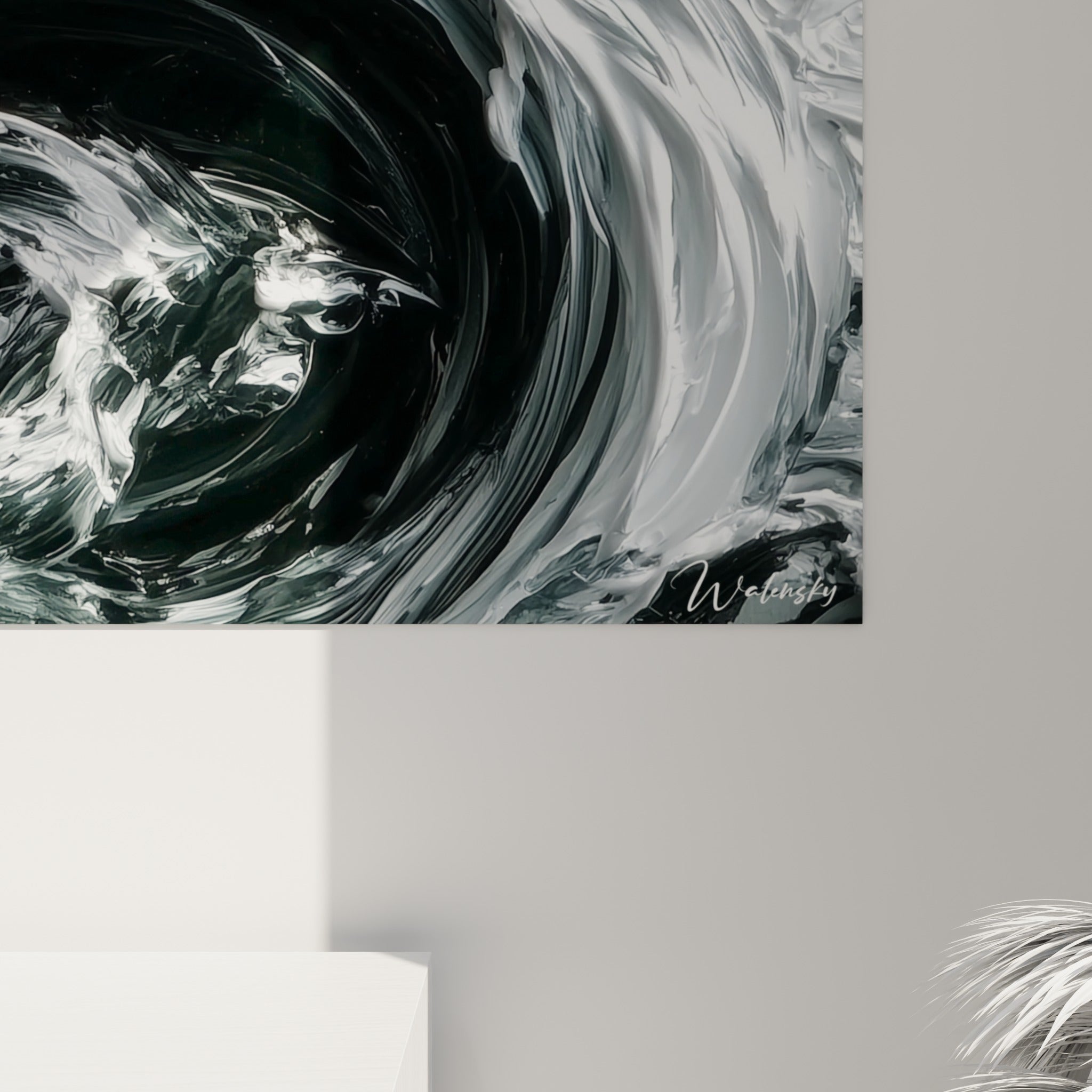 Empâtements épais et coulures blanches et noires du tableau Yin Yang révélant la matière de l'impression