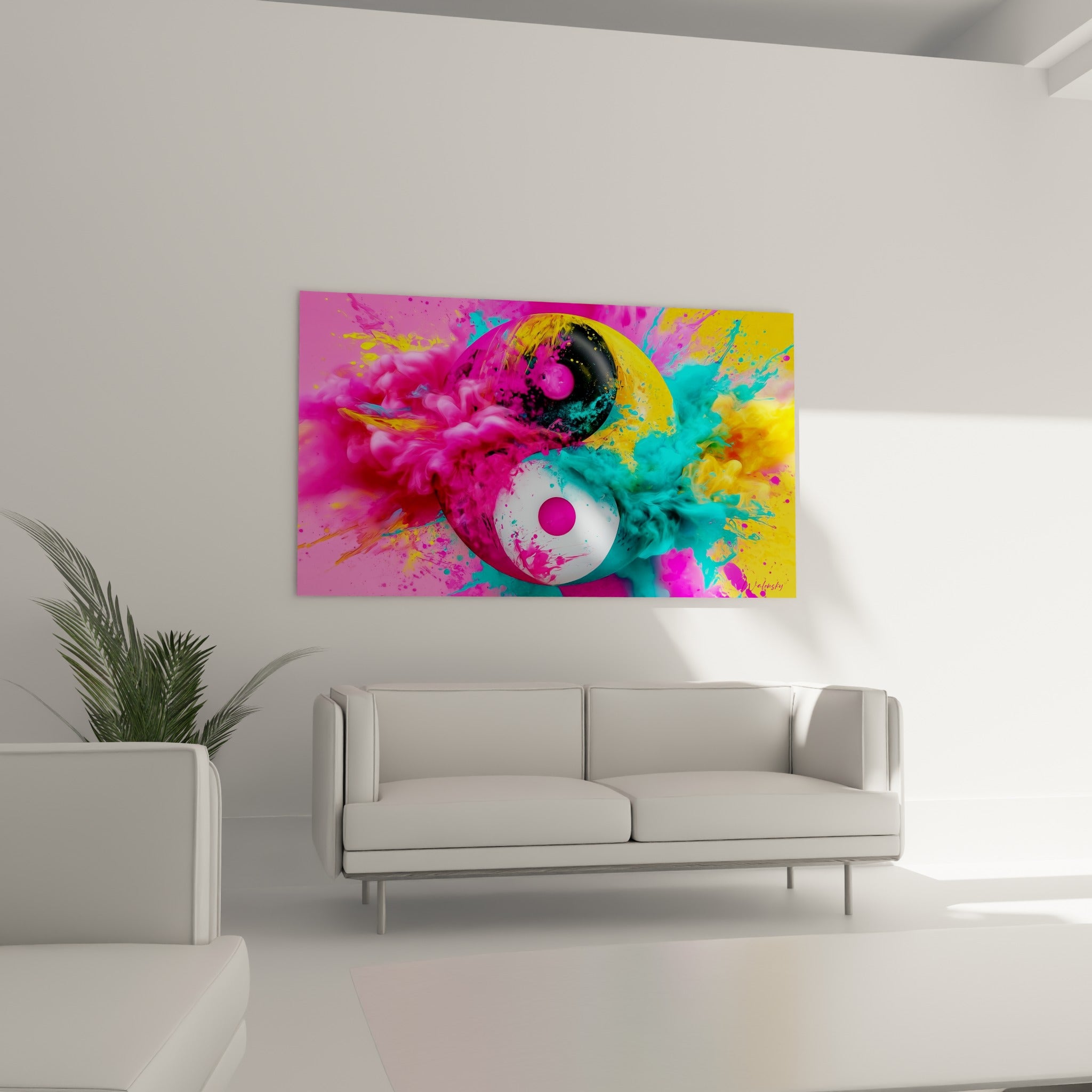 Yin Yang en explosion de poudre dorée et fuchsia au-dessus d'un canapé dans un salon lumineux