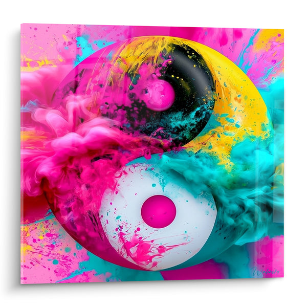 Tableau Symbole rose et turquoise éclaboussé de peinture - Collision d'énergies - Edition Yin Yang