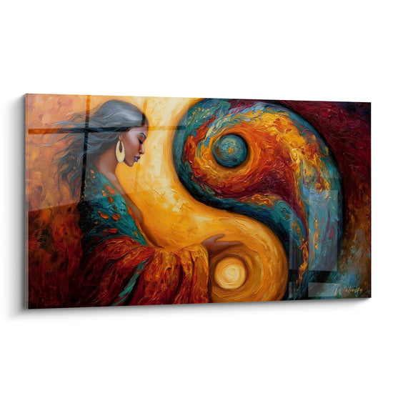 Tableau Femme aux cheveux gris et symbole doré - Instant d'harmonie - Edition Yin Yang