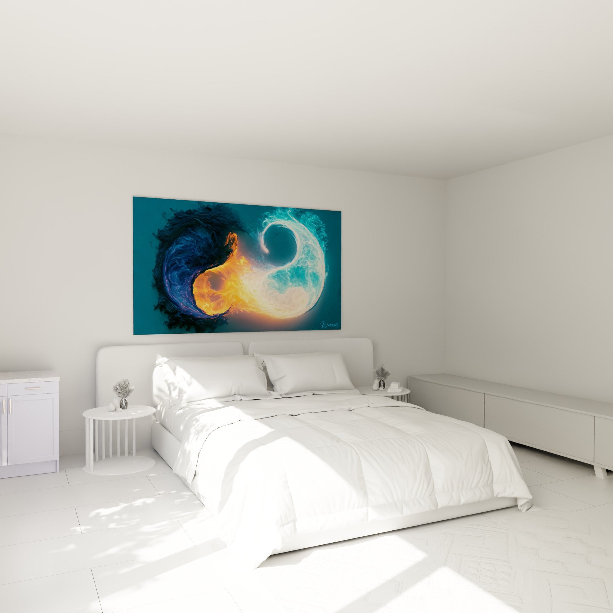 Symbole Yin Yang aux couleurs orange incandescent et bleu glacé au-dessus d'un lit dans une chambre claire