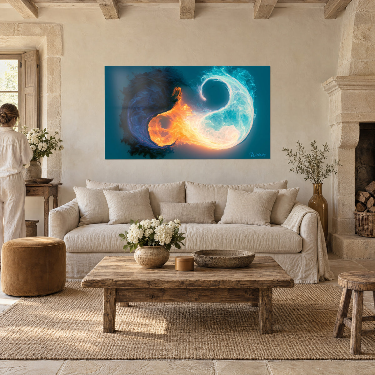 Quadro con simbolo yin yang di fiamme arancioni e onde blu ghiaccio su sfondo turchese, sopra un divano in un soggiorno luminoso