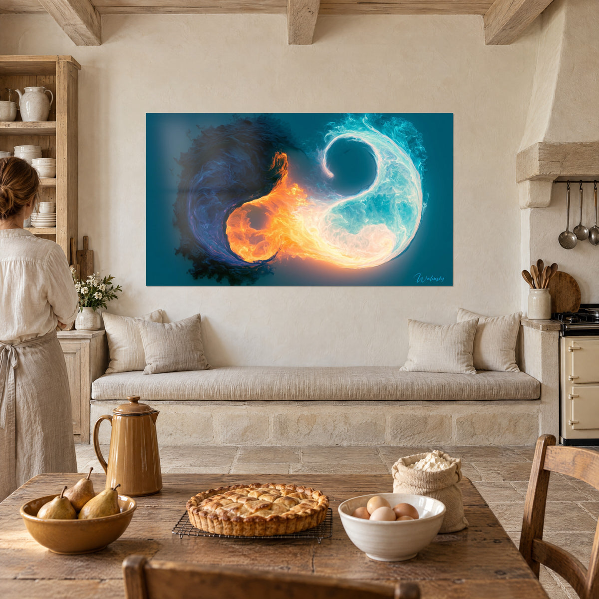 Quadro di fusione di fuoco e acqua, braci arancio di fronte a onde blu notte, in una cucina rustica con travi a vista