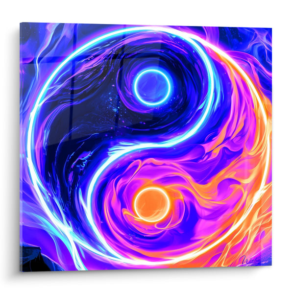 Blue and Orange Symbol Artwork with Luminous Flames - Fluid Neon Outline - Yin Yang Edition