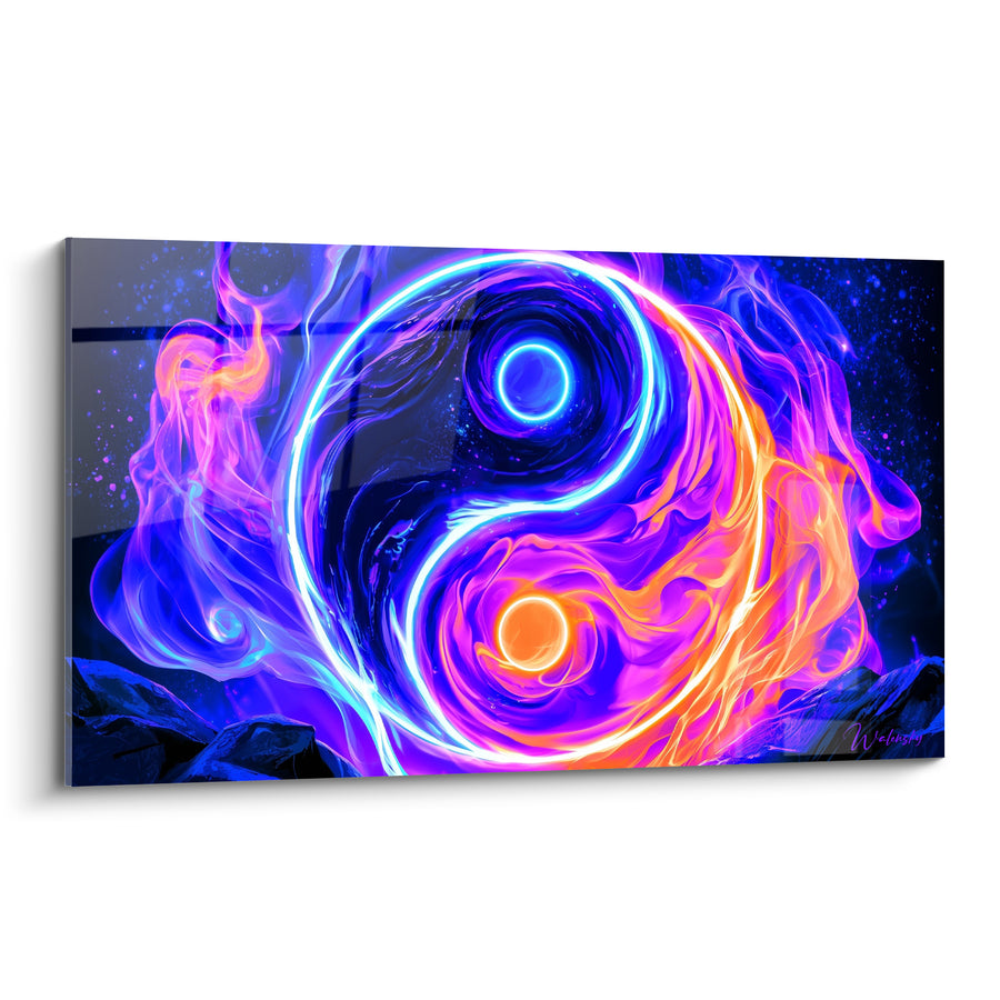 Tableau Symbole violet et orange aux flammes incandescentes - Rochers sombres au sol - Edition Yin Yang