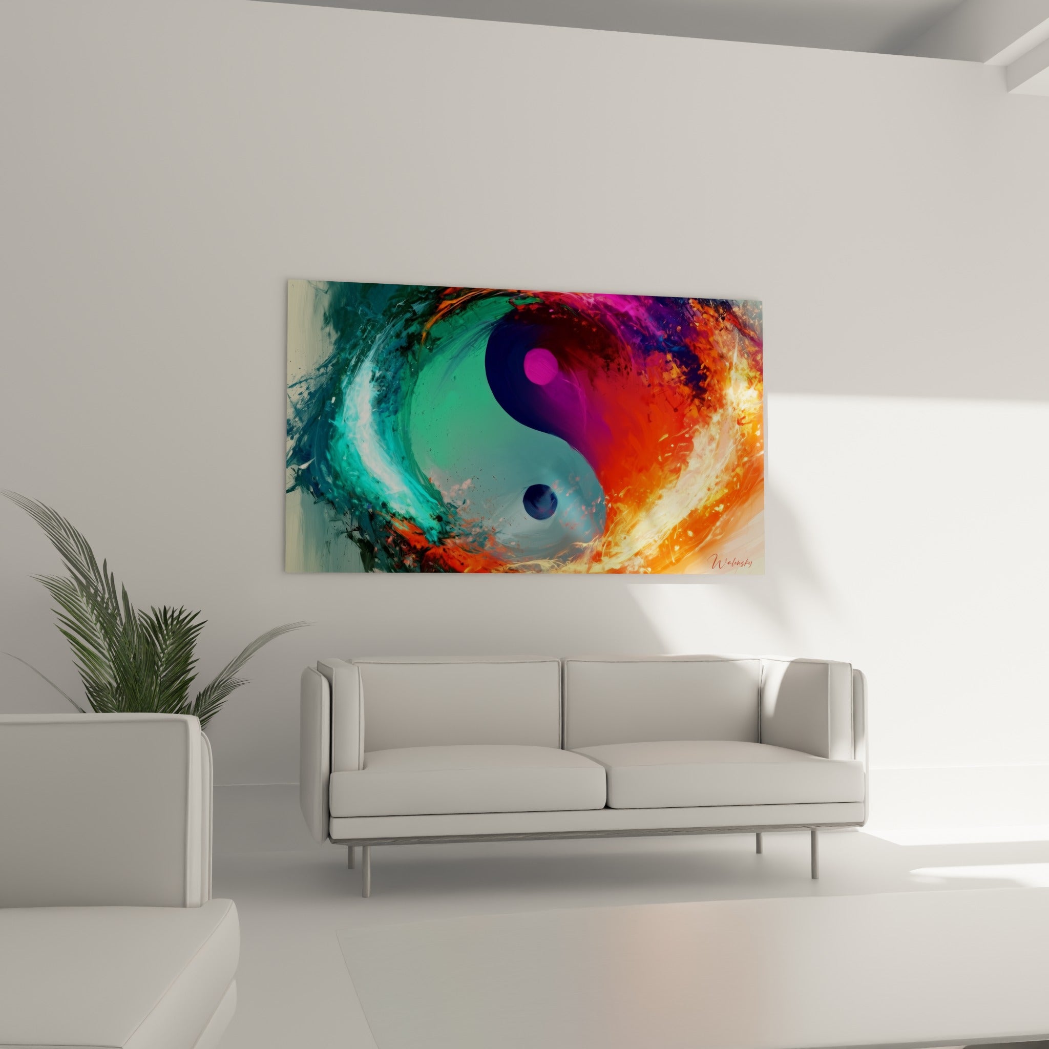 Composition Yin Yang mêlant violet profond et magenta lumineux, au-dessus d'un canapé dans un salon lumineux
