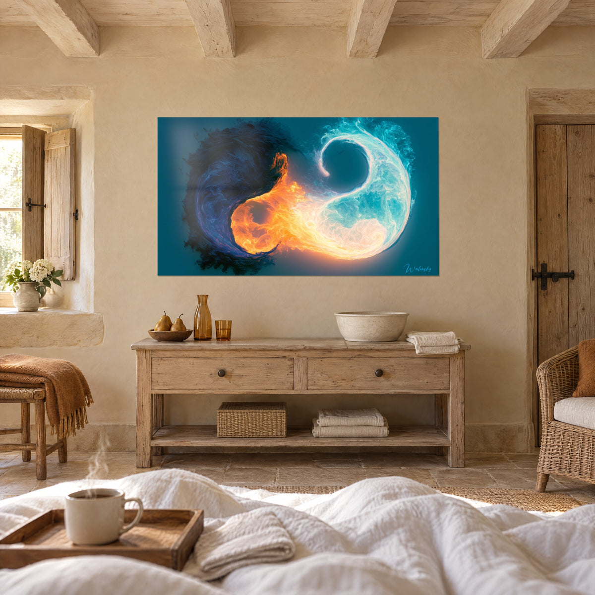 Quadro con turbine di fiamme ramate e foschia blu ghiaccio su sfondo verde petrolio, sopra un letto in una camera luminosa