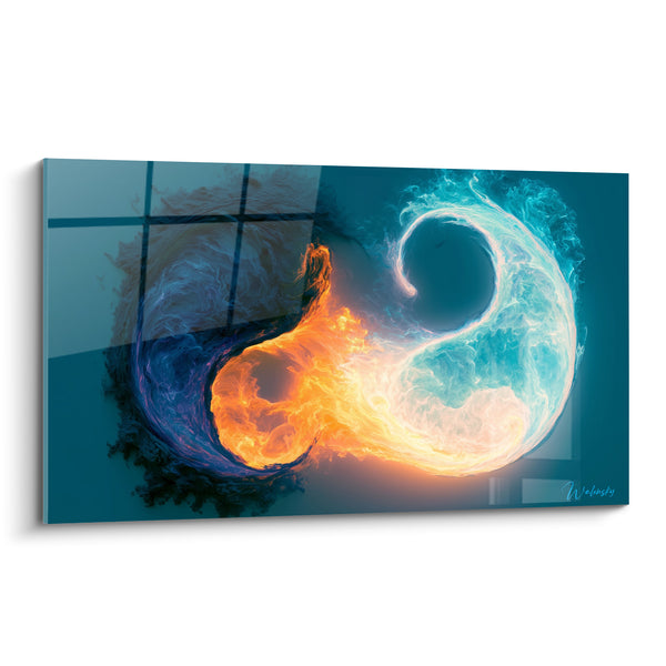Tableau Symbole flammes orange et bleu glacé - Duel élémentaire - Edition Yin Yang