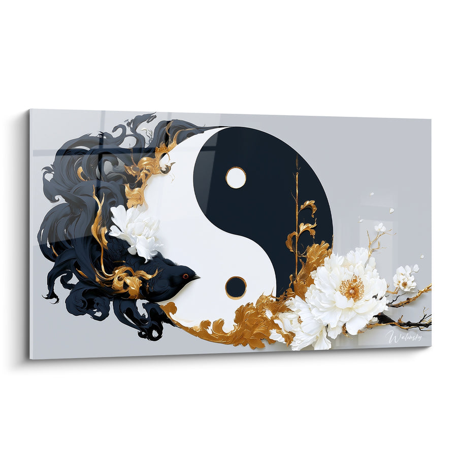 Tableau Symbole noir et doré aux pivoines blanches - Oiseau perché sur branche - Edition Yin Yang