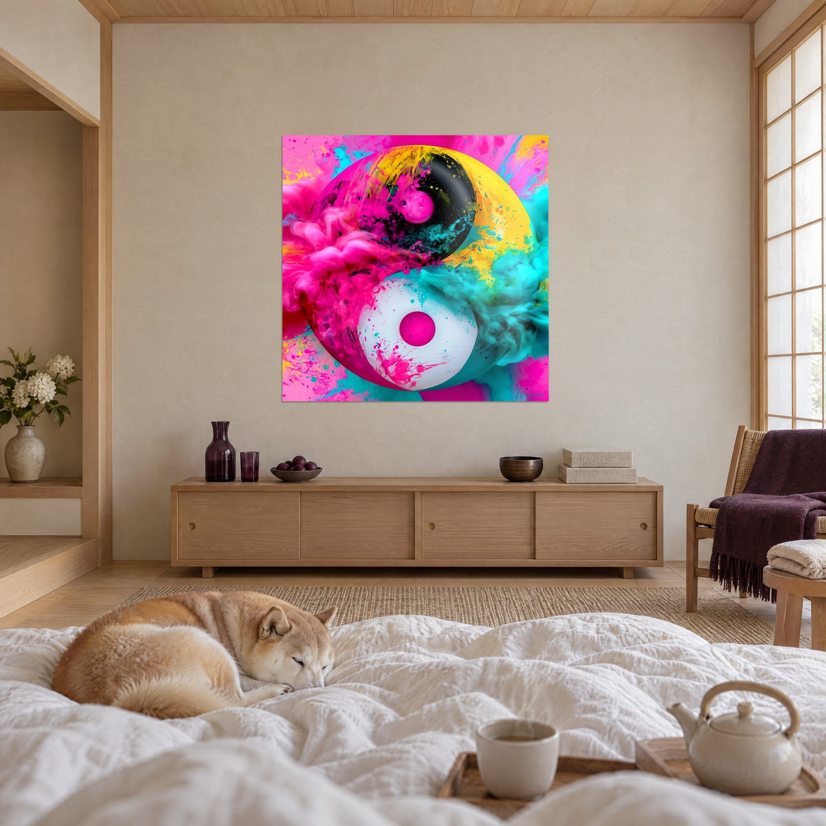 Tableau énergie en yin yang fuchsia, jaune et turquoise, deux personnes de dos et un shiba couché, au-dessus d'un lit dans une chambre claire