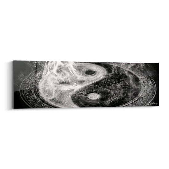 Tableau Symbole gravé blanc et noir sur plateau métallique ciselé - Fumée tourbillonnante - Edition Yin Yang