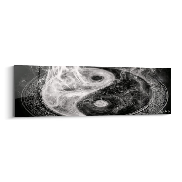 Engraved Symbol Artwork White and Black on Chiselled Metal Plate - Swirling Smoke - Yin Yang Edition