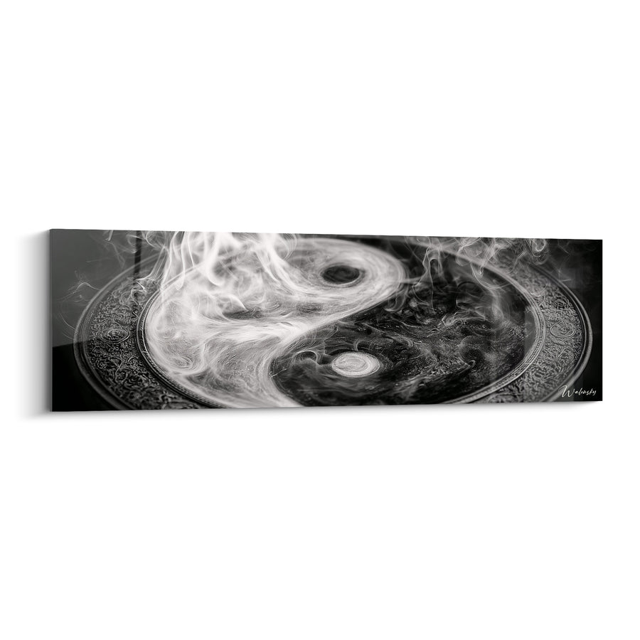Tableau Symbole gravé blanc et noir sur plateau métallique ciselé - Fumée tourbillonnante - Edition Yin Yang