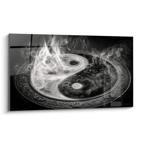 Cuadro Símbolo blanco y negro con volutas encendidas - Disco de metal grabado - Edición Yin Yang