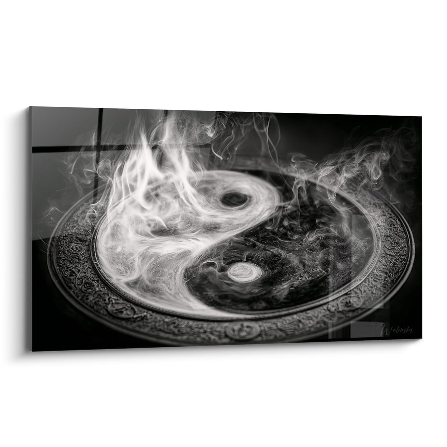 Tableau Symbole blanc et noir aux volutes enflammées - Disque en métal gravé - Edition Yin Yang