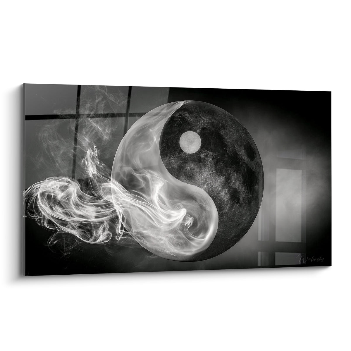 Yin Yang en fumée blanche et sphère anthracite texturée, symbole d'équilibre en noir et blanc