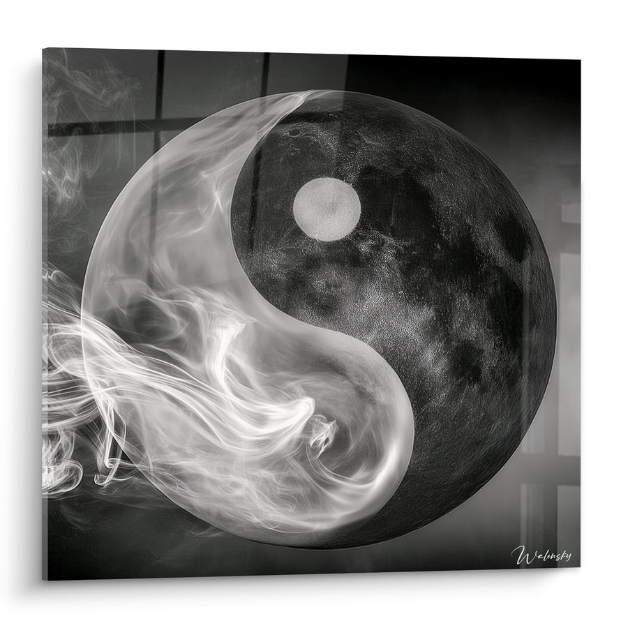 Tableau Symbole en fumée blanche et texture lunaire noire - Souffle suspendu - Edition Yin Yang