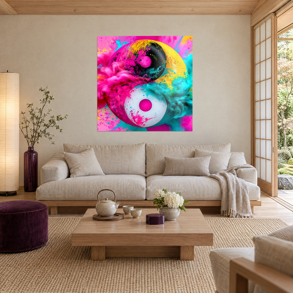 Tableau symbole yin yang éclaboussé de rose fuchsia et turquoise, volutes de peinture, au-dessus d'un canapé dans un salon lumineux