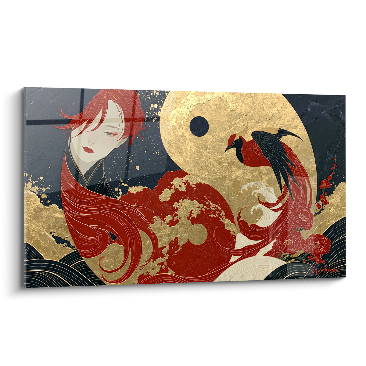 Geisha aux cheveux rouges et phénix doré Yin Yang sur fond bleu nuit anthracite