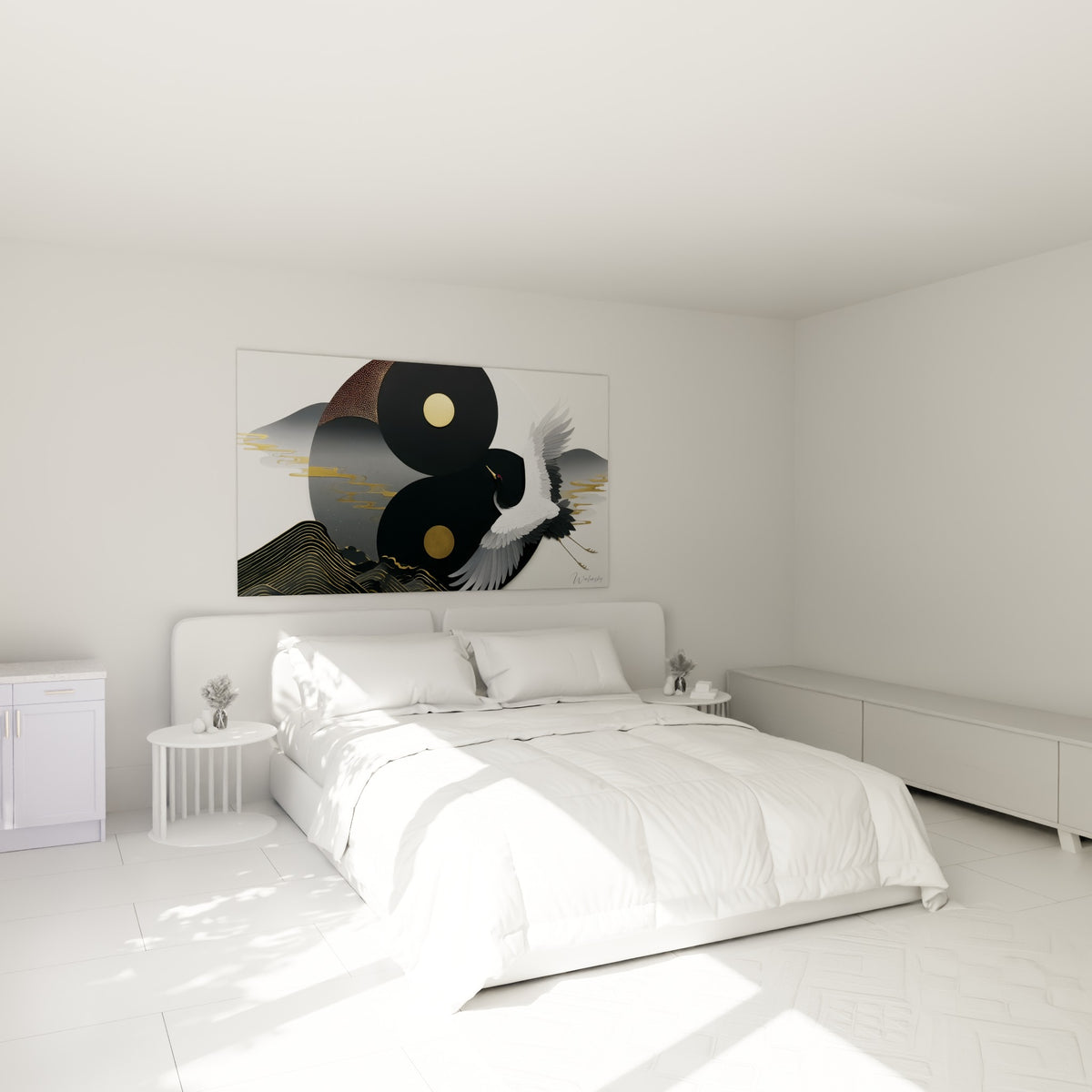 Symbole Yin Yang noir et doré avec grue en vol au-dessus d'un lit dans une chambre claire