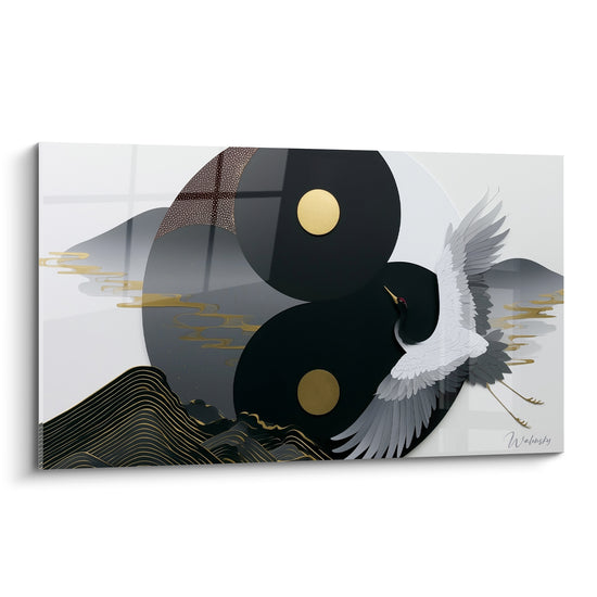 Tableau Grue noire et dorée survolant des montagnes - Envol harmonieux - Edition Yin Yang