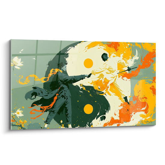 Guerriers Yin Yang en vert anthracite et orange vif s'affrontant dans un tourbillon de flammes dorées