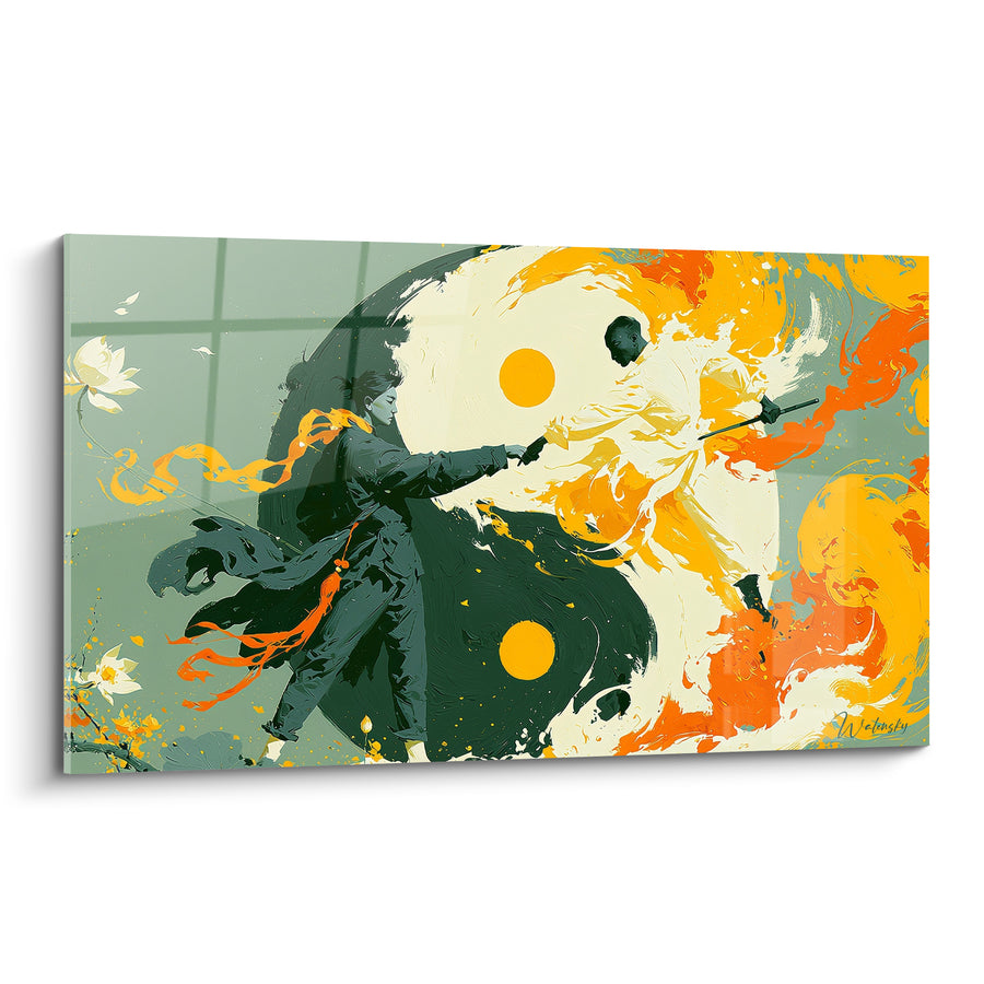 Tableau Duellistes noir et blanc aux épées croisées - Lotus blanc éclos - Edition Yin Yang