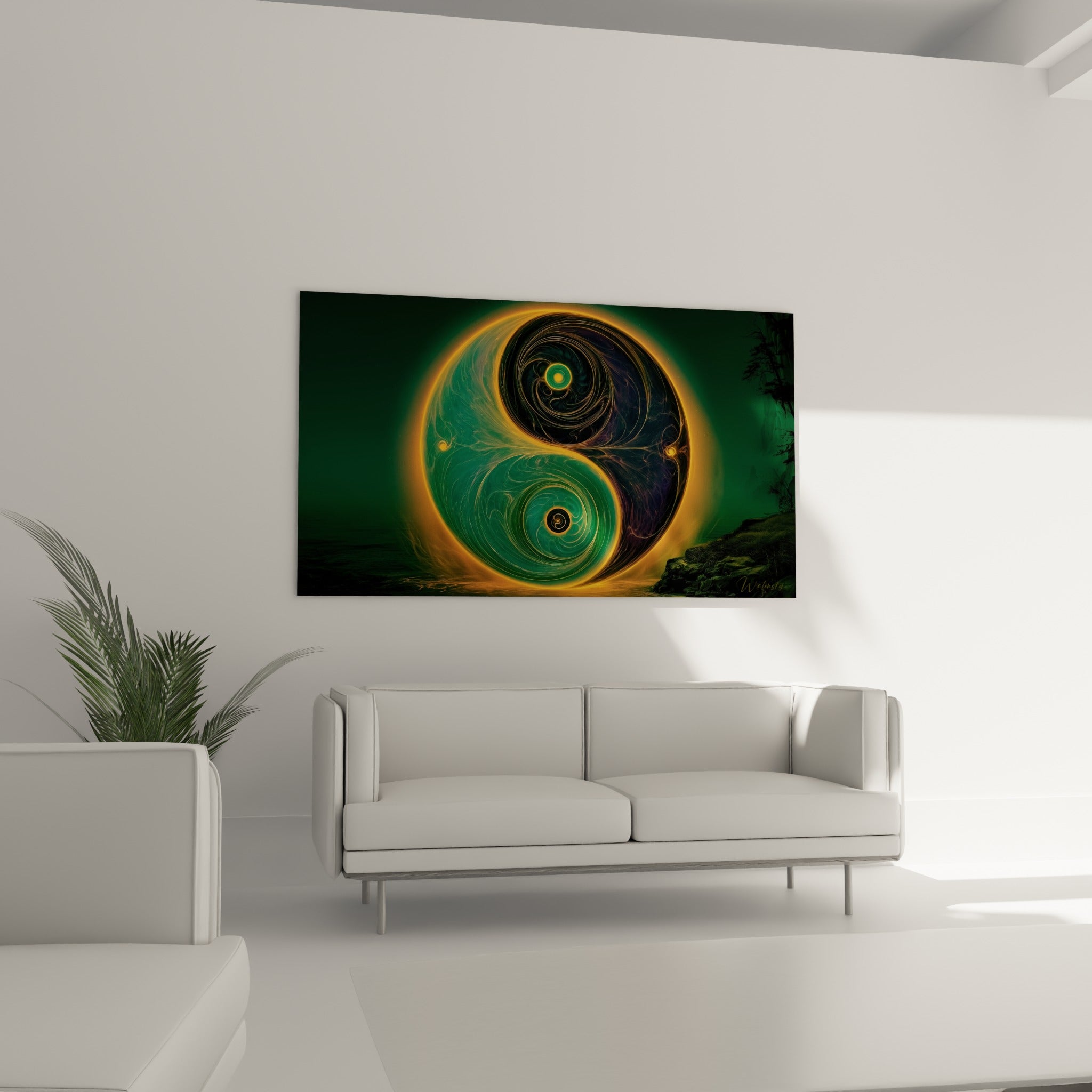Symbole Yin Yang aux volutes vertes et dorées au-dessus d'un canapé dans un salon lumineux