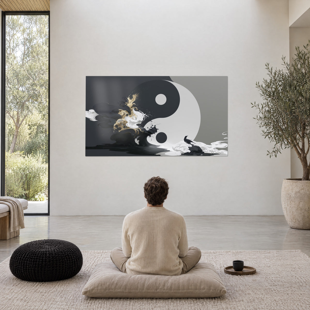 Tableau disque yin yang gris charbon et blanc, vagues d'encre dorées, contemplé par un homme de dos assis en tailleur sur un coussin