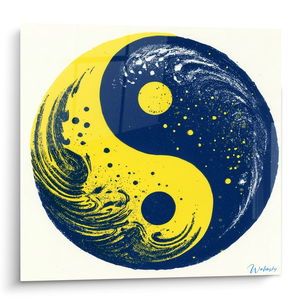 Tableau Symbole jaune et bleu marine aux vagues tourbillonnantes - Équilibre des éléments - Edition Yin Yang