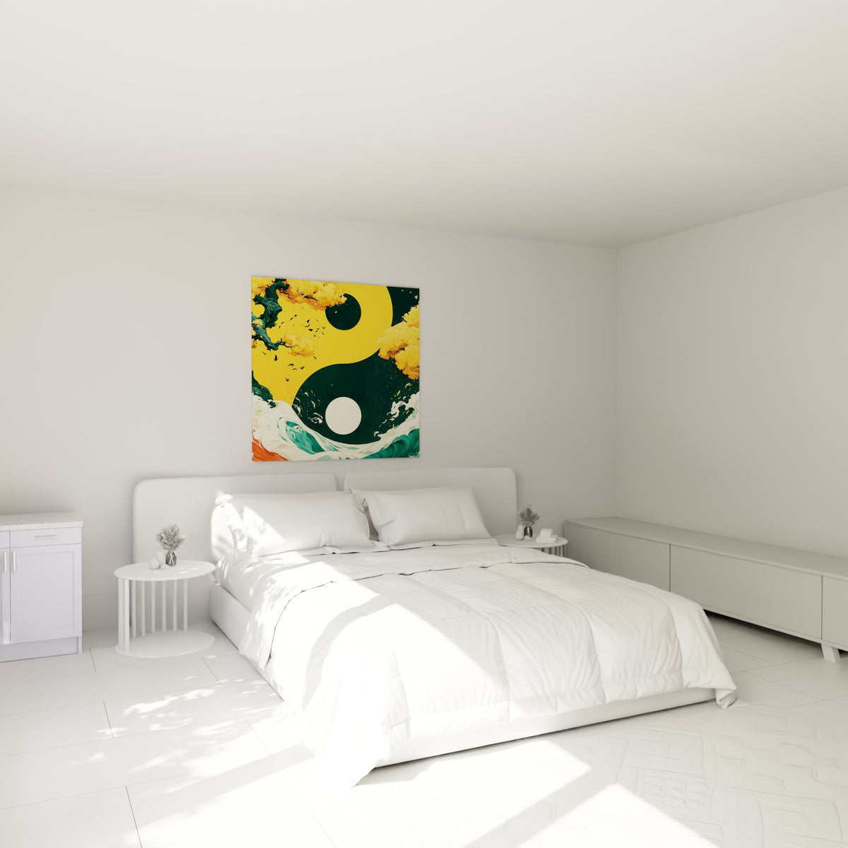 Symbole Yin Yang jaune ocre et anthracite, vague et arbre fleuri, au-dessus d'un lit dans une chambre claire