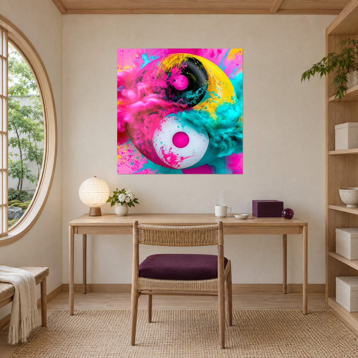 Tableau spirale de fumée rose et turquoise sur fond jaune soleil, accroché au-dessus d'un bureau en bois clair et chaise violette
