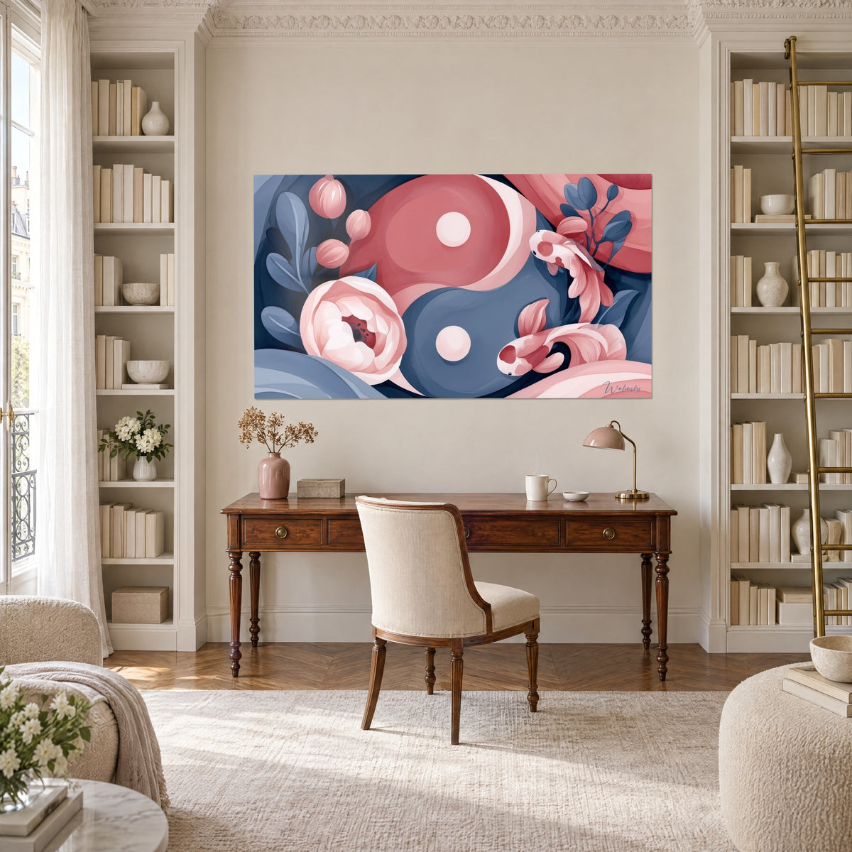 Quadro mandala yin yang con koi avorio e corallo, foglie blu grigio, appeso sopra una scrivania in legno tra due librerie