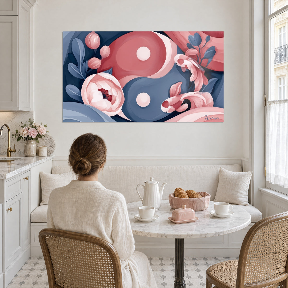 Quadro danza degli opposti, spirale rosa lampone e blu petrolio punteggiata di peonie, donna di spalle davanti a una tazza di tè in una cucina bianca