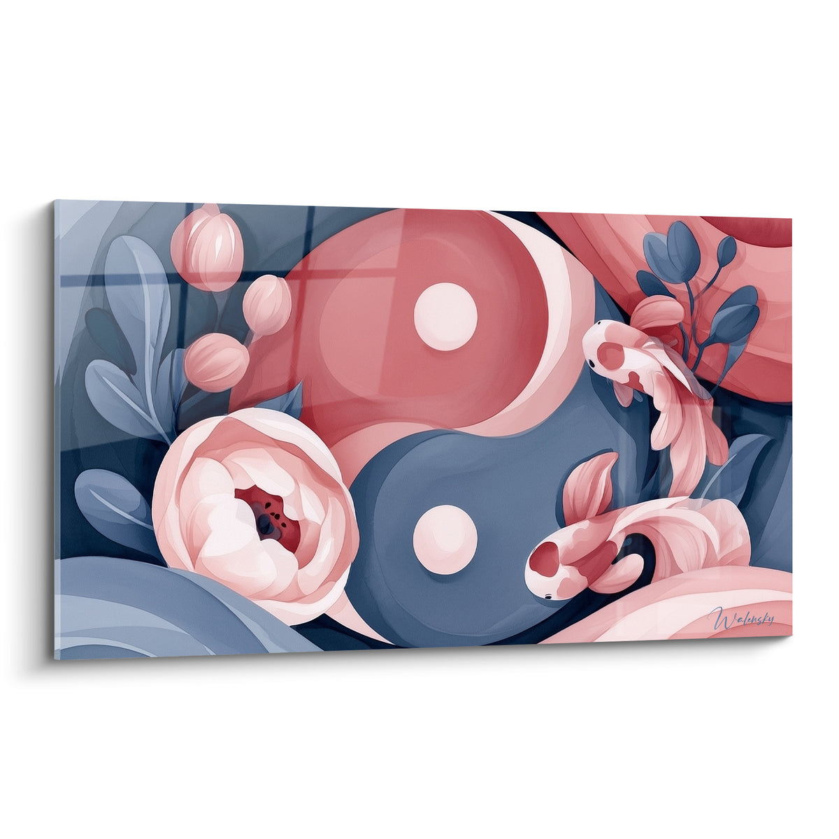 Yin Yang rose corail et bleu ardoise entouré de poissons koï et pivoines roses illustrées