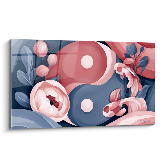 Yin Yang rose corail et bleu ardoise entouré de poissons koï et pivoines roses illustrées